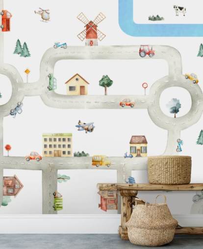 murale con mappa auto per bambini personalizzata bianca e grigia chiamata City of Vehicles Panorama di Oliver Robins per asili nido