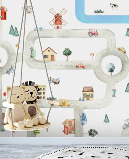 murale con mappa auto per bambini personalizzata bianca e grigia chiamata City of Vehicles Panorama di Oliver Robins per asili nido