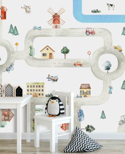 mural personalizado de mapas de carros infantis em branco e cinza chamado City of Vehicles Panorama de Oliver Robins para creches