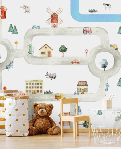 murale con mappa auto per bambini personalizzata bianca e grigia chiamata City of Vehicles Panorama di Oliver Robins per asili nido