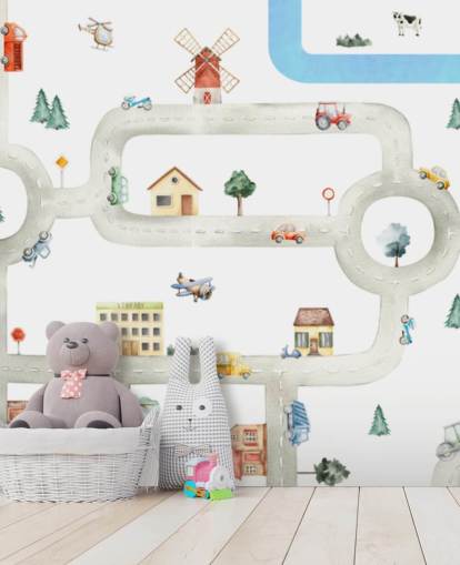 white and grey custom kids car map mural called City of Vehicles Panorama by Oliver Robins for nurseries