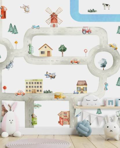 carte murale de voiture personnalisée pour enfants blanche et grise appelée City of Vehicles Panorama par Oliver Robins pour les crèches