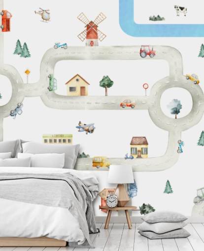 mural personalizado de mapas de carros infantis em branco e cinza chamado City of Vehicles Panorama de Oliver Robins para creches mural personalizado de mapas de carros infantis em branco e cinza chamado City of Vehicles Panorama de Oliver Robins para creches