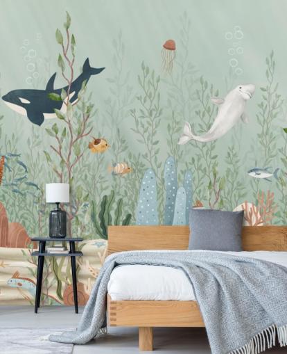 mural de guardería azul y verde llamado Kelp Forest Panorama de Oliver Robins para salas de juegos y guarderías