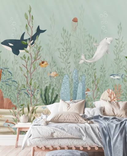 mural de guardería azul y verde llamado Kelp Forest Panorama de Oliver Robins para salas de juegos y guarderías mural de guardería azul y verde llamado Kelp Forest Panorama de Oliver Robins para salas de juegos y guarderías