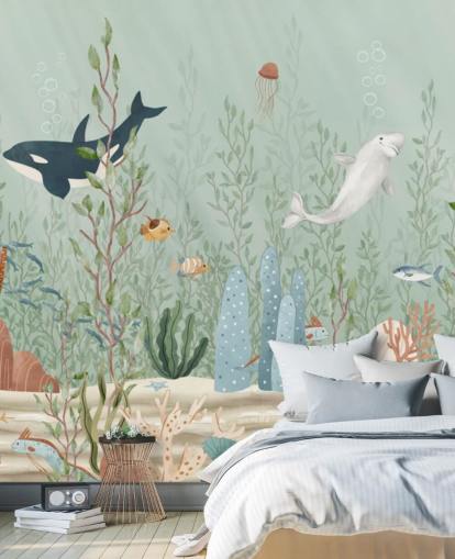 blue and green nursery mural called Kelp Forest Panorama by Oliver Robins for playrooms and nurseries