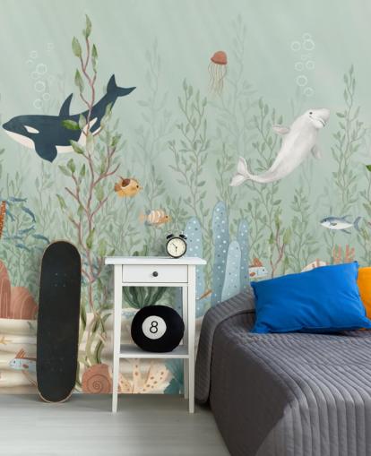 blue and green nursery mural called Kelp Forest Panorama by Oliver Robins for playrooms and nurseries