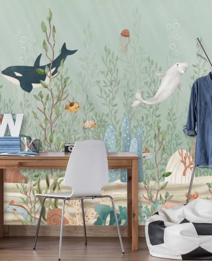 blue and green nursery mural called Kelp Forest Panorama by Oliver Robins for playrooms and nurseries