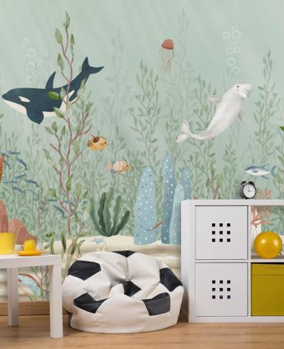 peinture murale bleue et verte appelée Kelp Forest Panorama par Oliver Robins pour les salles de jeux et les crèches