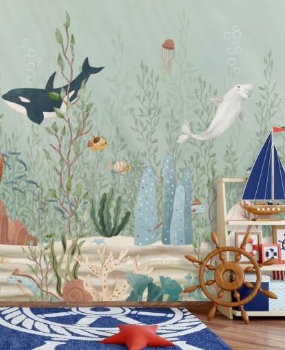 mural de guardería azul y verde llamado Kelp Forest Panorama de Oliver Robins para salas de juegos y guarderías
