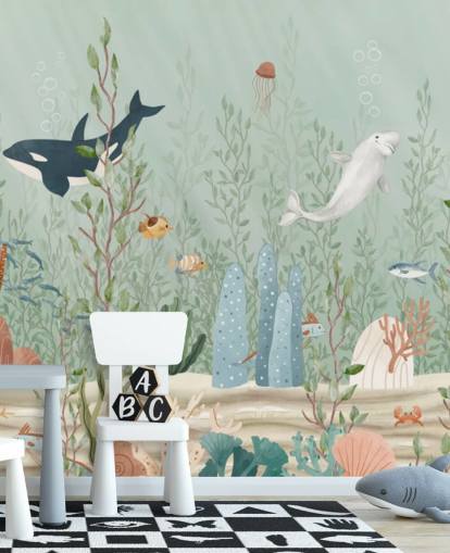 blue and green nursery mural called Kelp Forest Panorama by Oliver Robins for playrooms and nurseries blue and green nursery mural called Kelp Forest Panorama by Oliver Robins for playrooms and nurseries