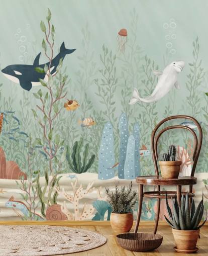 blue and green nursery mural called Kelp Forest Panorama by Oliver Robins for playrooms and nurseries