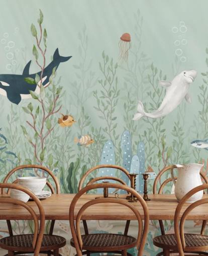 blue and green nursery mural called Kelp Forest Panorama by Oliver Robins for playrooms and nurseries blue and green nursery mural called Kelp Forest Panorama by Oliver Robins for playrooms and nurseries