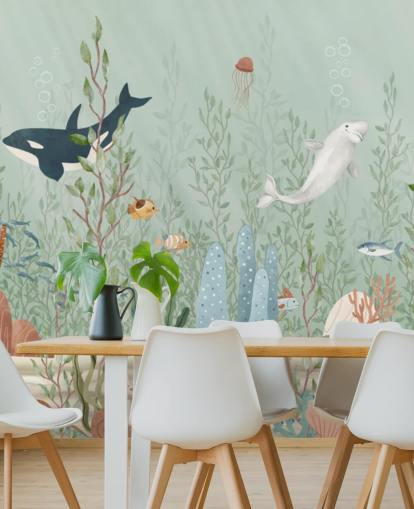 blue and green nursery mural called Kelp Forest Panorama by Oliver Robins for playrooms and nurseries