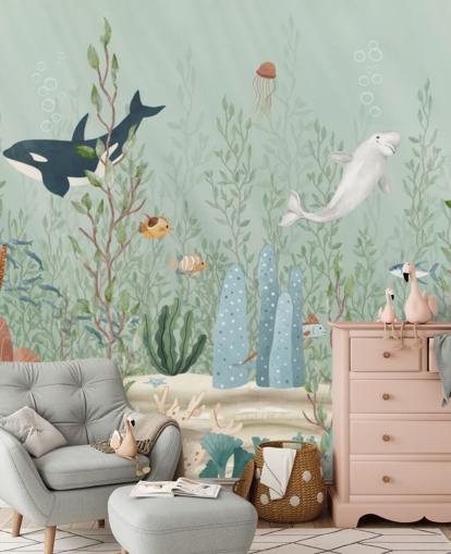 blue and green nursery mural called Kelp Forest Panorama by Oliver Robins for playrooms and nurseries