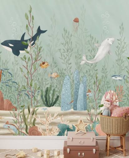 blue and green nursery mural called Kelp Forest Panorama by Oliver Robins for playrooms and nurseries