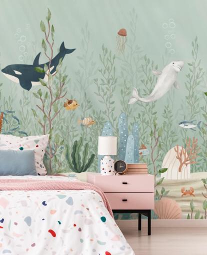 blaues und grünes Kinderzimmer-Wandbild namens Kelp Forest Panorama von Oliver Robins für Spielzimmer und Kindergärten
