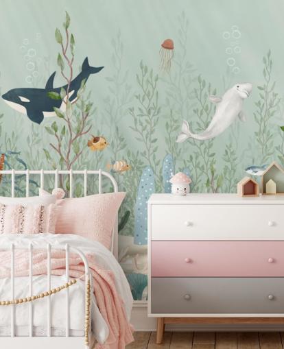 blue and green nursery mural called Kelp Forest Panorama by Oliver Robins for playrooms and nurseries blue and green nursery mural called Kelp Forest Panorama by Oliver Robins for playrooms and nurseries