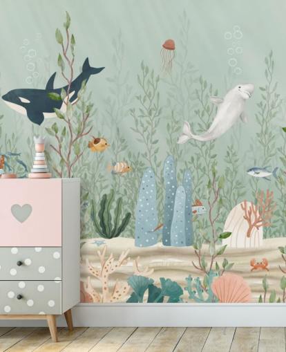 blå och grön plantskola väggmålning kallad Kelp Forest Panorama av Oliver Robins för lekrum och plantskolor