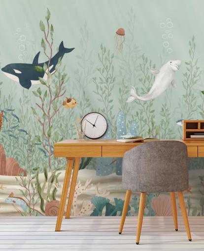 mural de guardería azul y verde llamado Kelp Forest Panorama de Oliver Robins para salas de juegos y guarderías