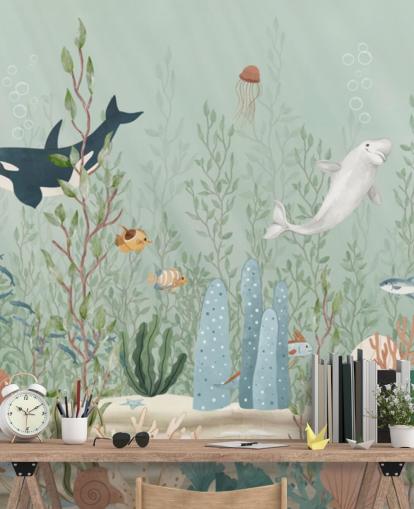 blue and green nursery mural called Kelp Forest Panorama by Oliver Robins for playrooms and nurseries blue and green nursery mural called Kelp Forest Panorama by Oliver Robins for playrooms and nurseries
