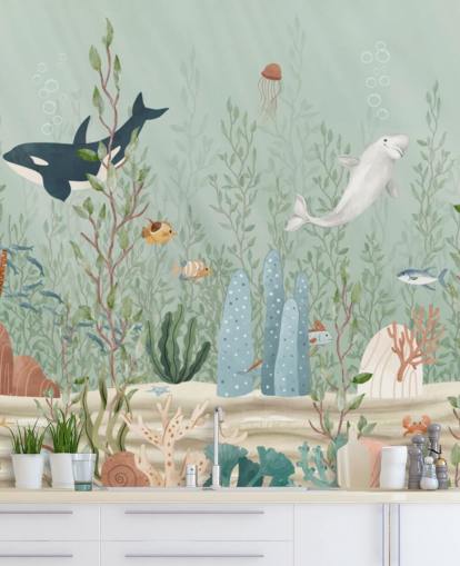 murale blu e verde chiamato Kelp Forest Panorama di Oliver Robins per sale giochi e asili nido