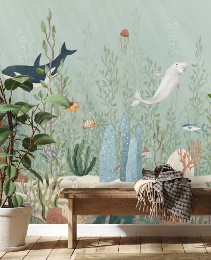 mural de berçário azul e verde chamado Kelp Forest Panorama de Oliver Robins para salas de jogos e creches mural de berçário azul e verde chamado Kelp Forest Panorama de Oliver Robins para salas de jogos e creches