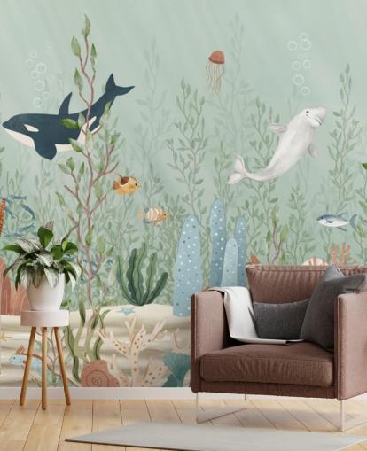 blaues und grünes Kinderzimmer-Wandbild namens Kelp Forest Panorama von Oliver Robins für Spielzimmer und Kindergärten