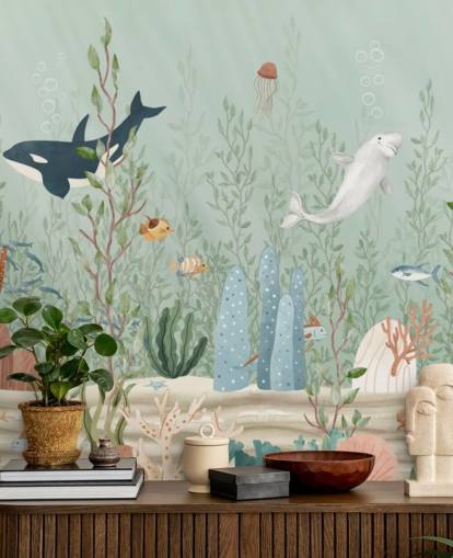 peinture murale bleue et verte appelée Kelp Forest Panorama par Oliver Robins pour les salles de jeux et les crèches peinture murale bleue et verte appelée Kelp Forest Panorama par Oliver Robins pour les salles de jeux et les crèches