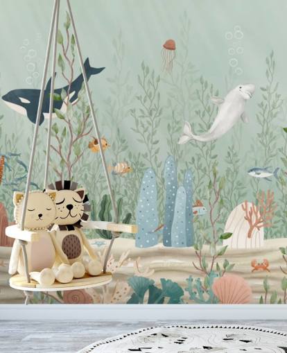 murale blu e verde chiamato Kelp Forest Panorama di Oliver Robins per sale giochi e asili nido