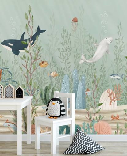 mural de guardería azul y verde llamado Kelp Forest Panorama de Oliver Robins para salas de juegos y guarderías
