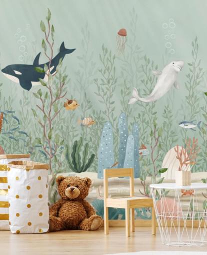 blaues und grünes Kinderzimmer-Wandbild namens Kelp Forest Panorama von Oliver Robins für Spielzimmer und Kindergärten