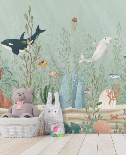 blue and green nursery mural called Kelp Forest Panorama by Oliver Robins for playrooms and nurseries