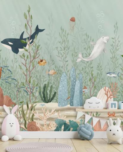 blue and green nursery mural called Kelp Forest Panorama by Oliver Robins for playrooms and nurseries