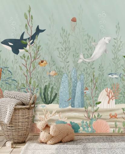 murale blu e verde chiamato Kelp Forest Panorama di Oliver Robins per sale giochi e asili nido