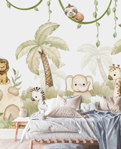 Oliver Robinsin muokattava lastentarhan seinämaalaus nimeltä Savannah Joy Panorama