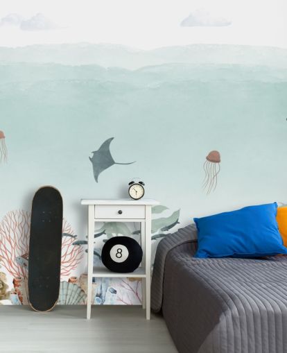 anpassad barnblå havväggmålning som heter Sensational Sea - Blue Panorama av Oliver Robins