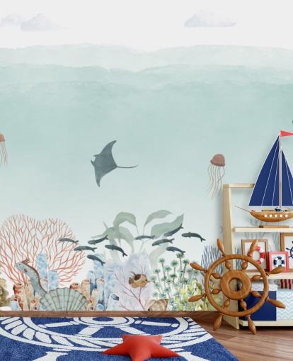 op maat gemaakte blauwe oceaanmuurschildering voor kinderen genaamd Sensational Sea - Blue Panorama van Oliver Robins op maat gemaakte blauwe oceaanmuurschildering voor kinderen genaamd Sensational Sea - Blue Panorama van Oliver Robins