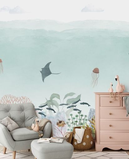 murale personalizzato per bambini sull'oceano blu chiamato Sensational Sea - Blue Panorama di Oliver Robins