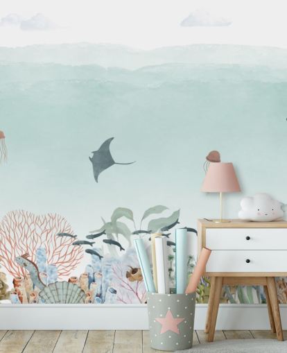 mural infantil personalizado do oceano azul chamado Sensational Sea - Blue Panorama de Oliver Robins