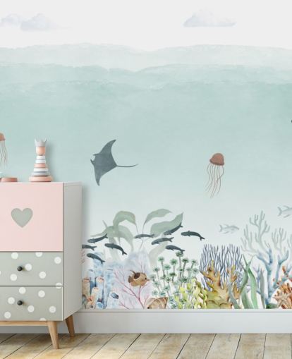 individuelles blaues Ozean-Wandbild für Kinder namens Sensational Sea - Blue Panorama von Oliver Robins