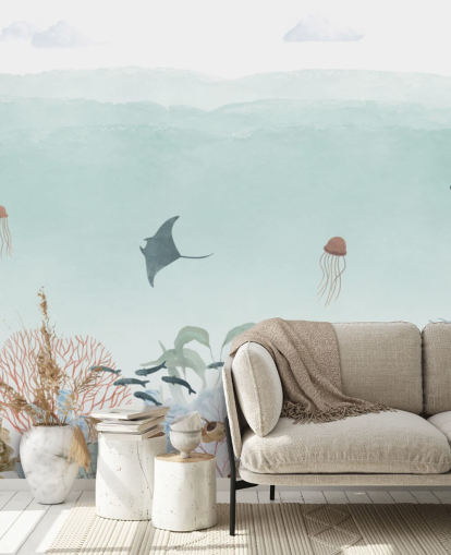 custom kids blue ocean mural called Sensational Sea - Blue Panorama by Oliver Robins custom kids blue ocean mural called Sensational Sea - Blue Panorama by Oliver Robins