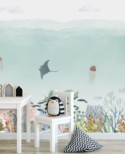 individuelles blaues Ozean-Wandbild für Kinder namens Sensational Sea - Blue Panorama von Oliver Robins individuelles blaues Ozean-Wandbild für Kinder namens Sensational Sea - Blue Panorama von Oliver Robins