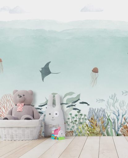 mural infantil personalizado do oceano azul chamado Sensational Sea - Blue Panorama de Oliver Robins