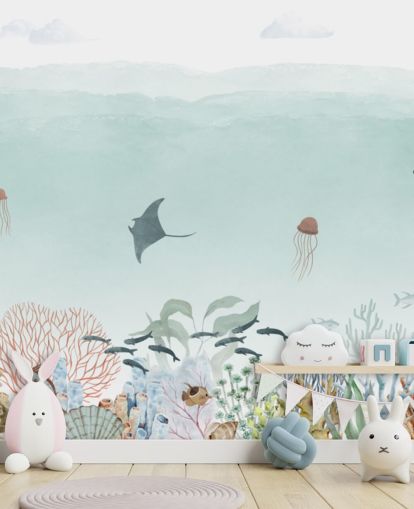 murale personalizzato per bambini sull'oceano blu chiamato Sensational Sea - Blue Panorama di Oliver Robins