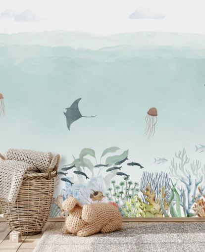 peinture murale personnalisée pour enfants appelée Sensational Sea - Blue Panorama par Oliver Robins
