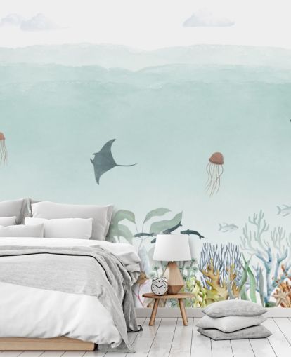 mural personalizado de océano azul para niños llamado Sensational Sea - Blue Panorama de Oliver Robins