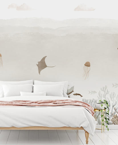 Braunes personalisierbares Wandbild für Kinderzimmer namens Sensational Sea - Brown Panorama von Oliver Robins