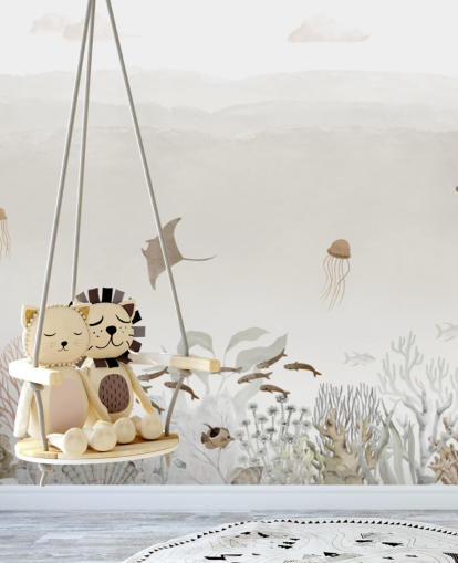 Braunes personalisierbares Wandbild für Kinderzimmer namens Sensational Sea - Brown Panorama von Oliver Robins