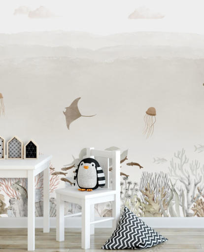 bruine aanpasbare muurschildering voor de kinderkamer genaamd Sensational Sea - Brown Panorama van Oliver Robins